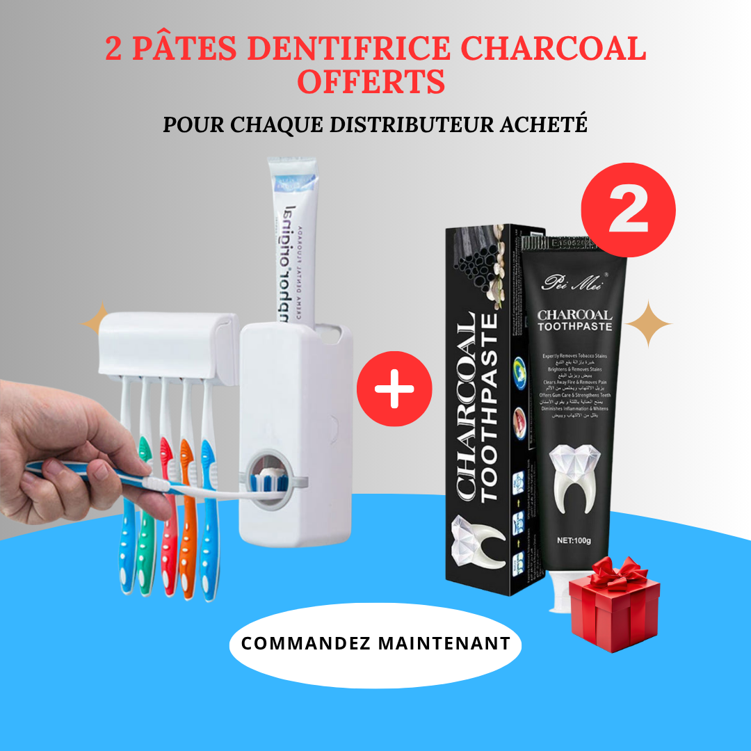 Distributeur Automatique de Dentifrice avec Couvre Brosse + 2 Dentifrices Charcoal OFFERT